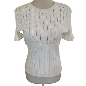 Lela Rose Pearl White Short Sleeve Pointelle Knit Top M